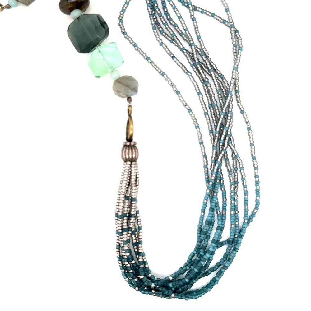 Silpada Multi Strand Seed Bead Stone Necklace Teal Blue 27 Inch Boho